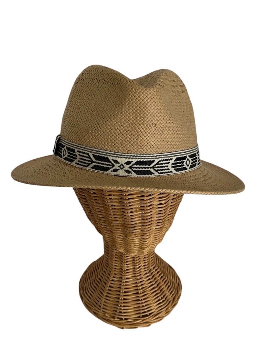 GAP Tan Panama Straw Style Fedora Hat Geometric Tribal Band Size SMALL